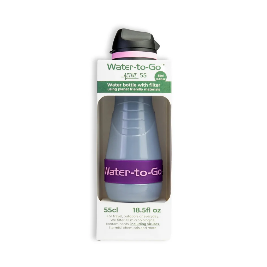 Waterfilter voor noodpakket en noodsituaties – Water-to-Go Eco-Active 55cl in acai in de verpakking