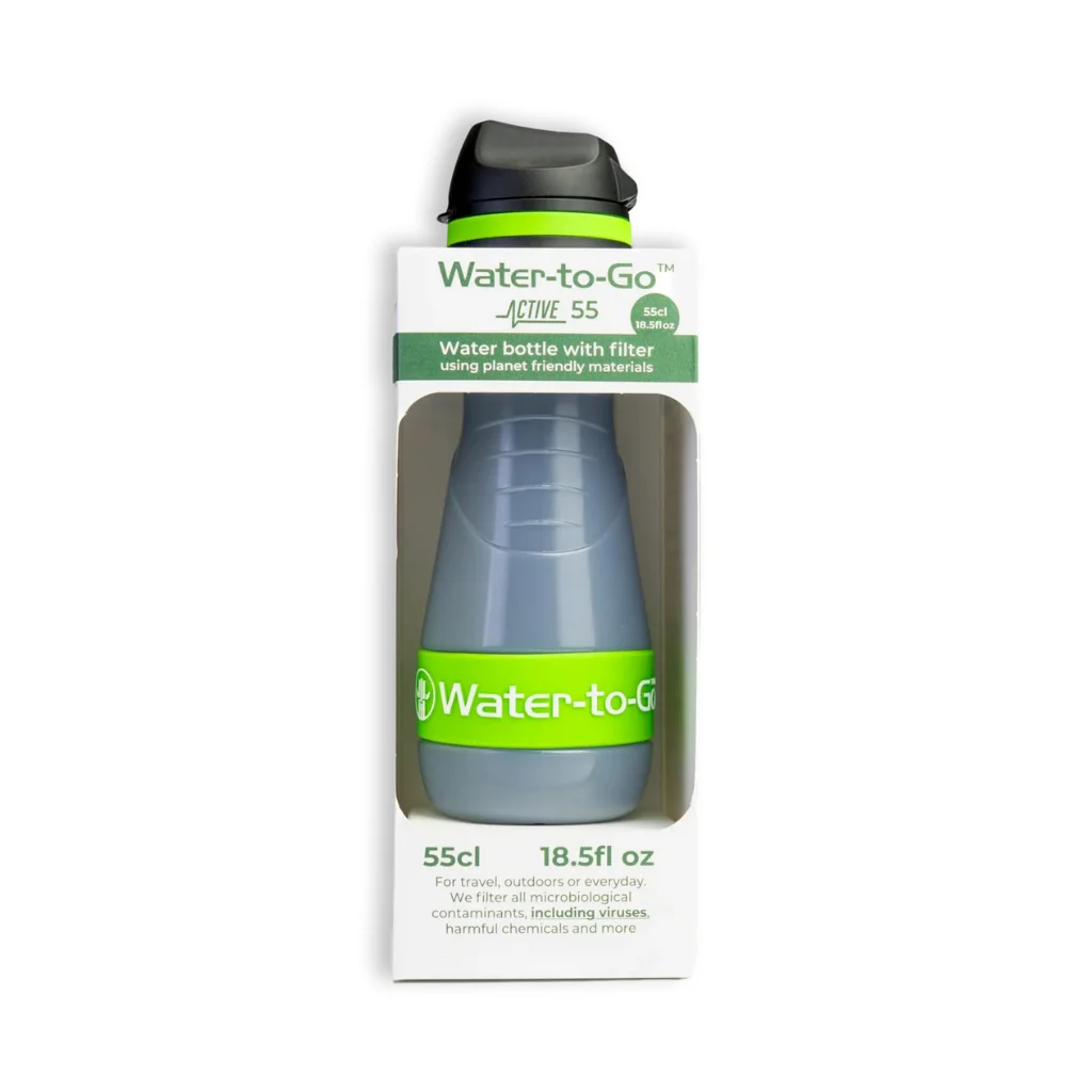 Waterfilter voor noodpakket en noodsituaties – Water-to-Go Eco-Active 55cl in groen in de verpakking