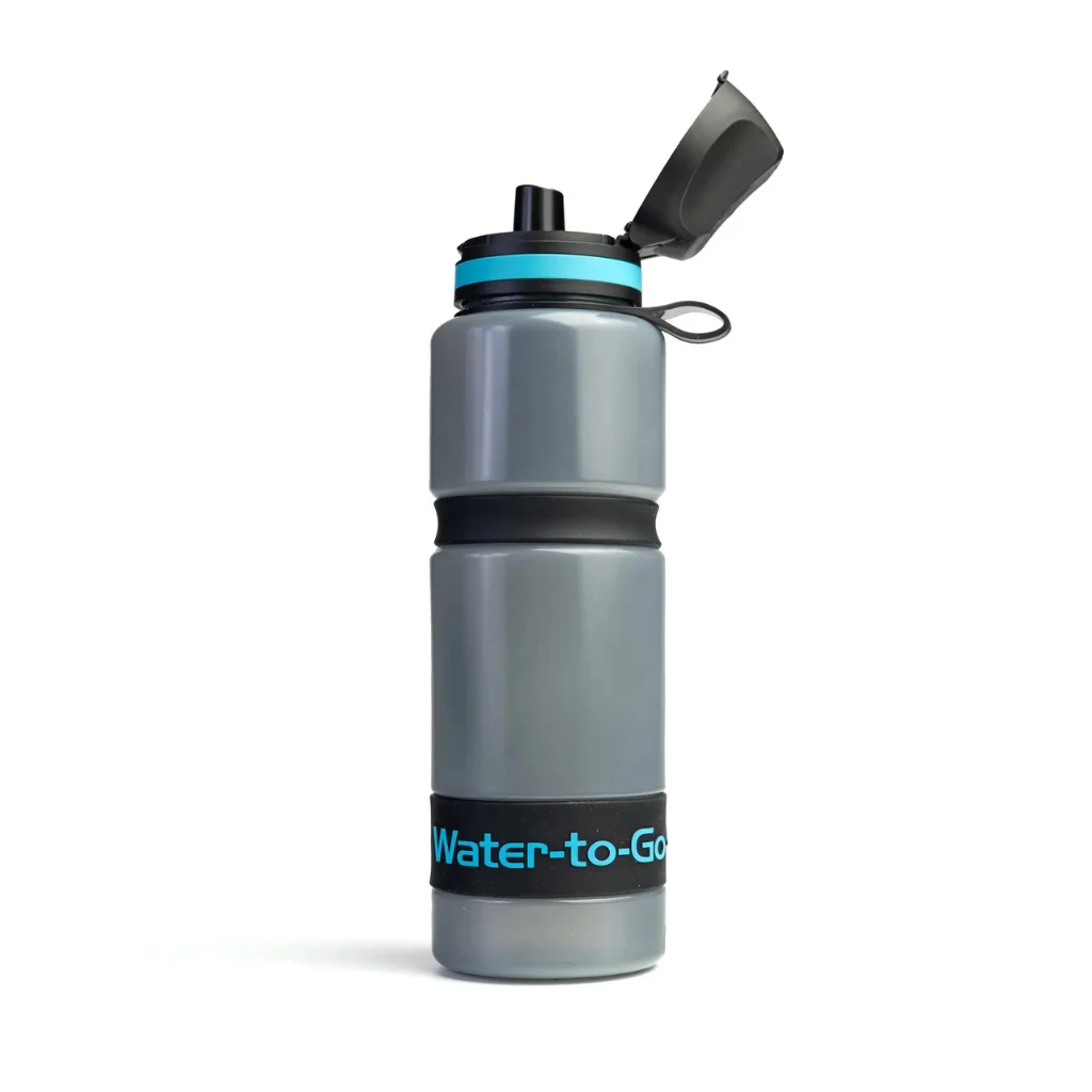 Blauwe Water-to-Go Eco-Active 75cl fles met waterfilter voor outdoor en reizen met open dop