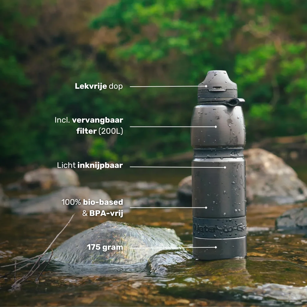 Waterfilter survival fles Water-to-Go Eco-Active 1 liter – lekvrije dop, vervangbaar 200L filter, lichtgewicht, 100% bio-based en BPA-vrij