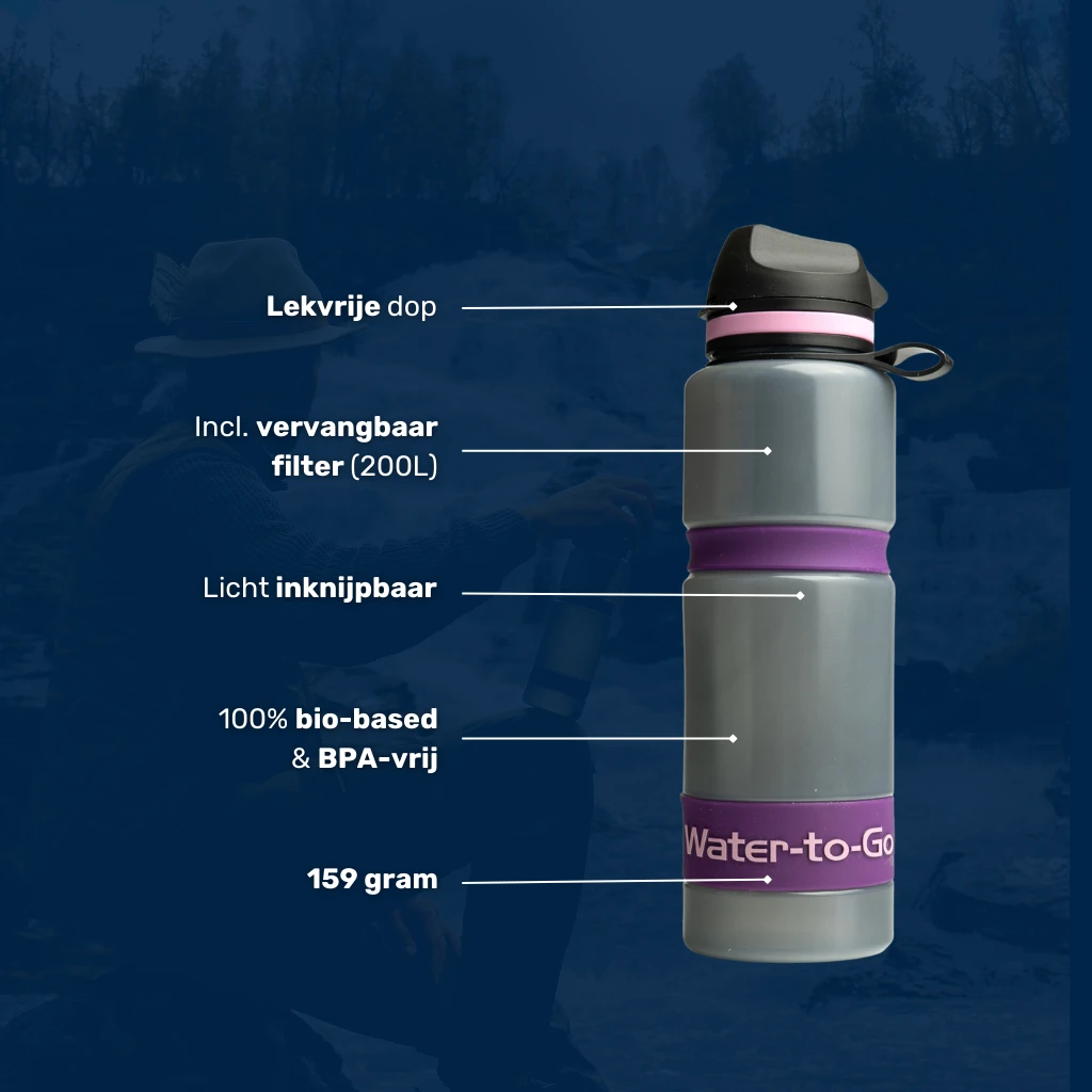 Licht inknijpbare, BPA-vrije en Biobased waterfilter outdoor fles met vervangbaar filter van 200 liter