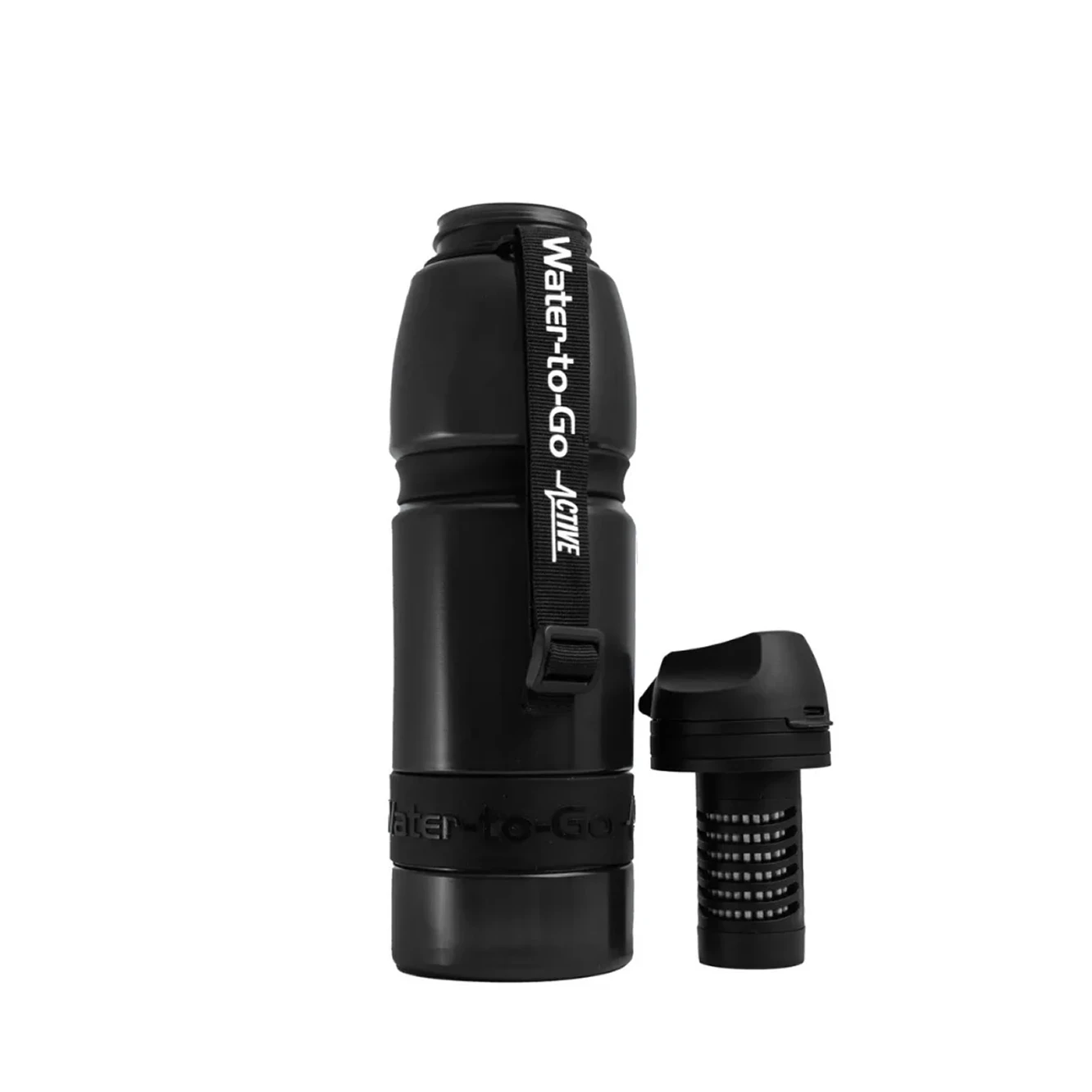 Water-to-Go waterfles met filter 1 liter zwart, afgebeeld met het geintegreerde waterfilter in de dop los ernaast.
