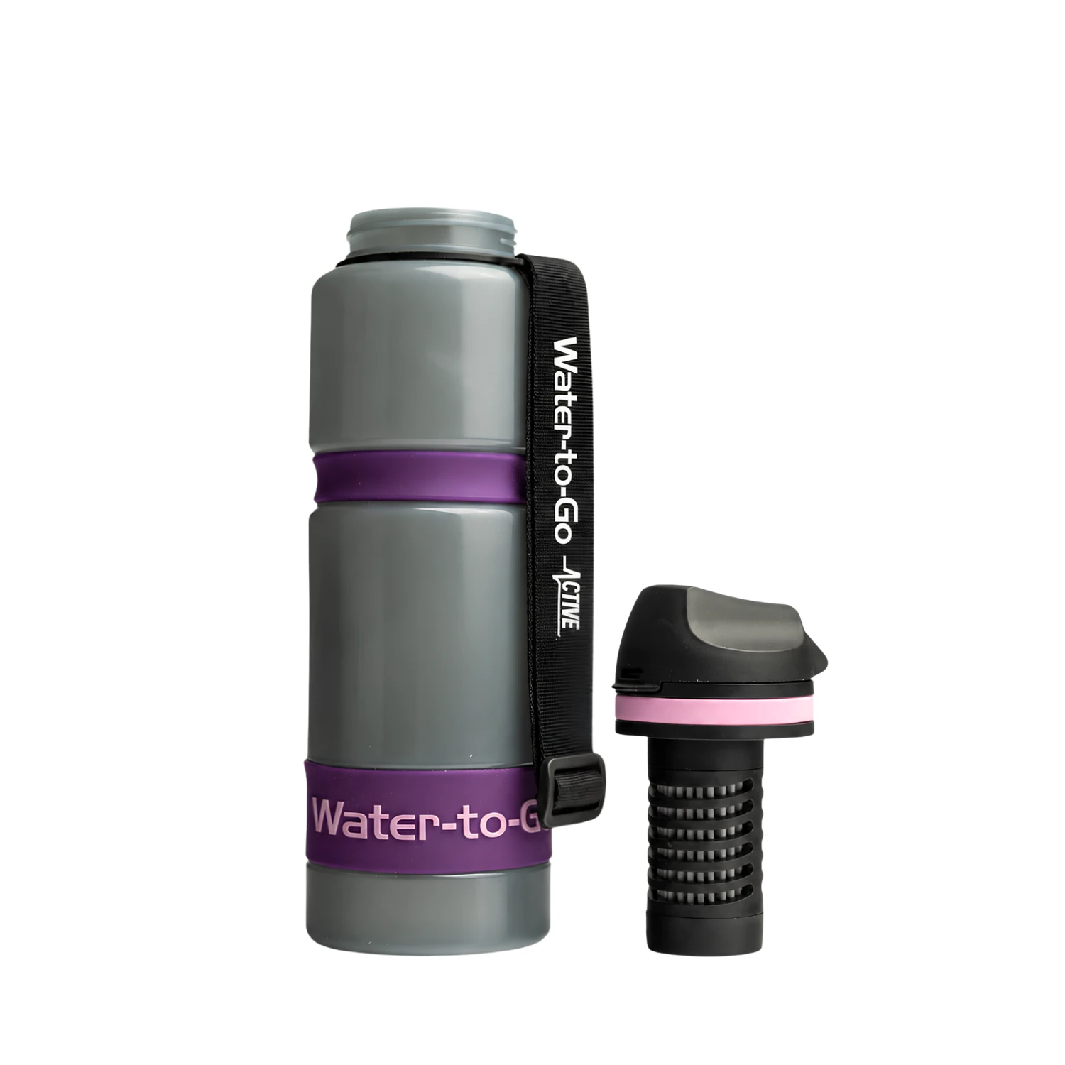 Gourde filtrante Water-to-Go pour les voyages, les activités de plein air et les situations d'urgence, couleur acai avec le filtre à eau à côté de la gourde