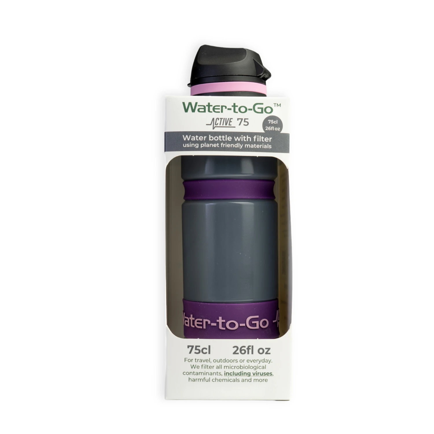 Gourde filtrante Water-to-Go pour les voyages, les activités de plein air et les situations d'urgence, couleur acai dans un emballage durable