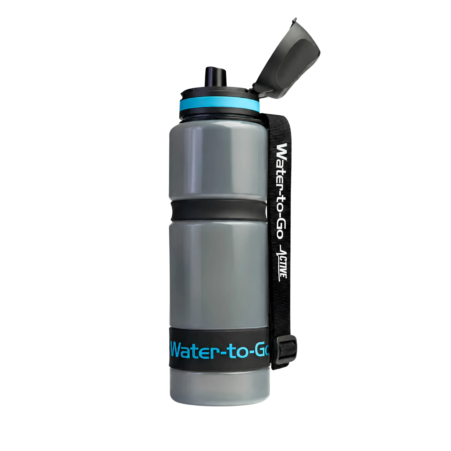 Gourde filtrante Water-to-Go pour les voyages, les activités de plein air et les situations d'urgence, couleur bleue avec bouchon ouvert