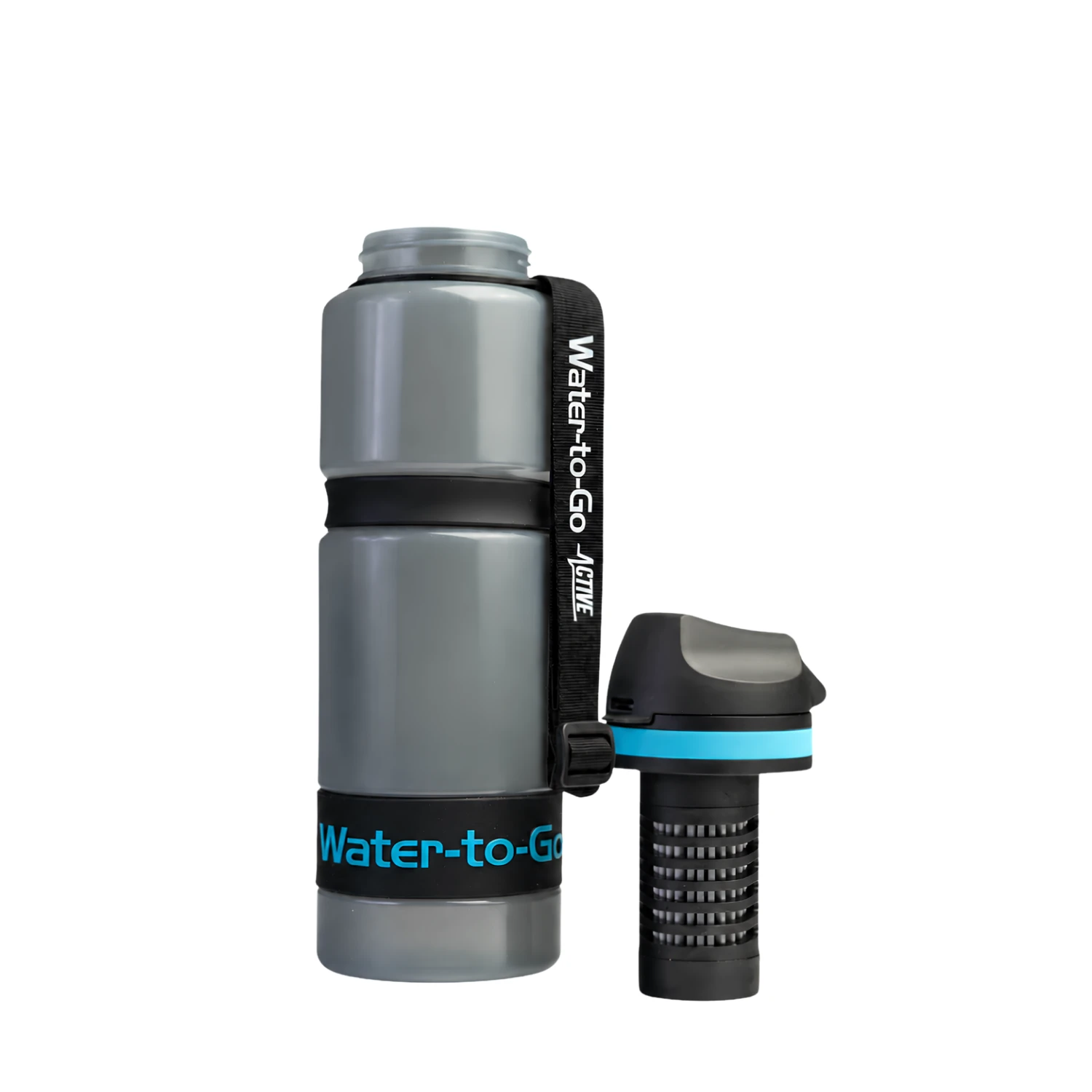 Gourde filtrante Water-to-Go pour les voyages, les activités de plein air et les situations d'urgence, couleur bleue avec le filtre à eau à côté de la gourde