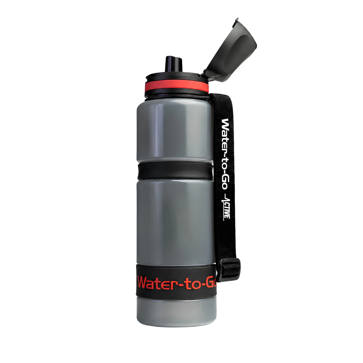 Gourde filtrante Water-to-Go pour les voyages, les activités de plein air et les situations d'urgence, couleur rouge avec bouchon ouvert