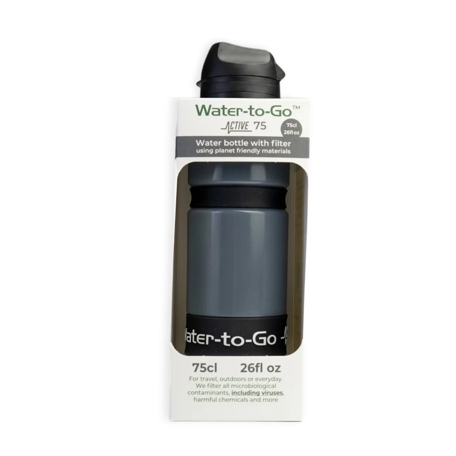 Gourde filtrante Water-to-Go pour les voyages, les activités de plein air et les situations d'urgence, couleur noire dans un emballage durable