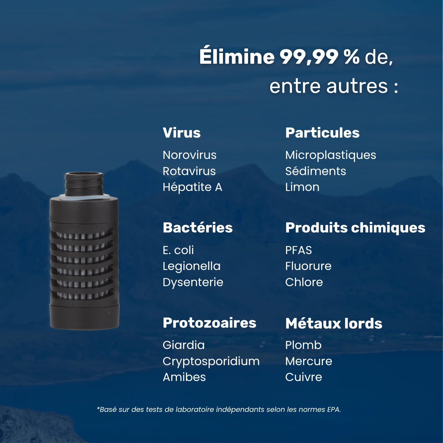 Water-to-Go Filters avec aperçu montrant que 99,99 % des bactéries, virus, protozoaires, métaux, produits chimiques, pesticides, microplastiques, résidus médicamenteux, chlore et fluorure sont éliminés
