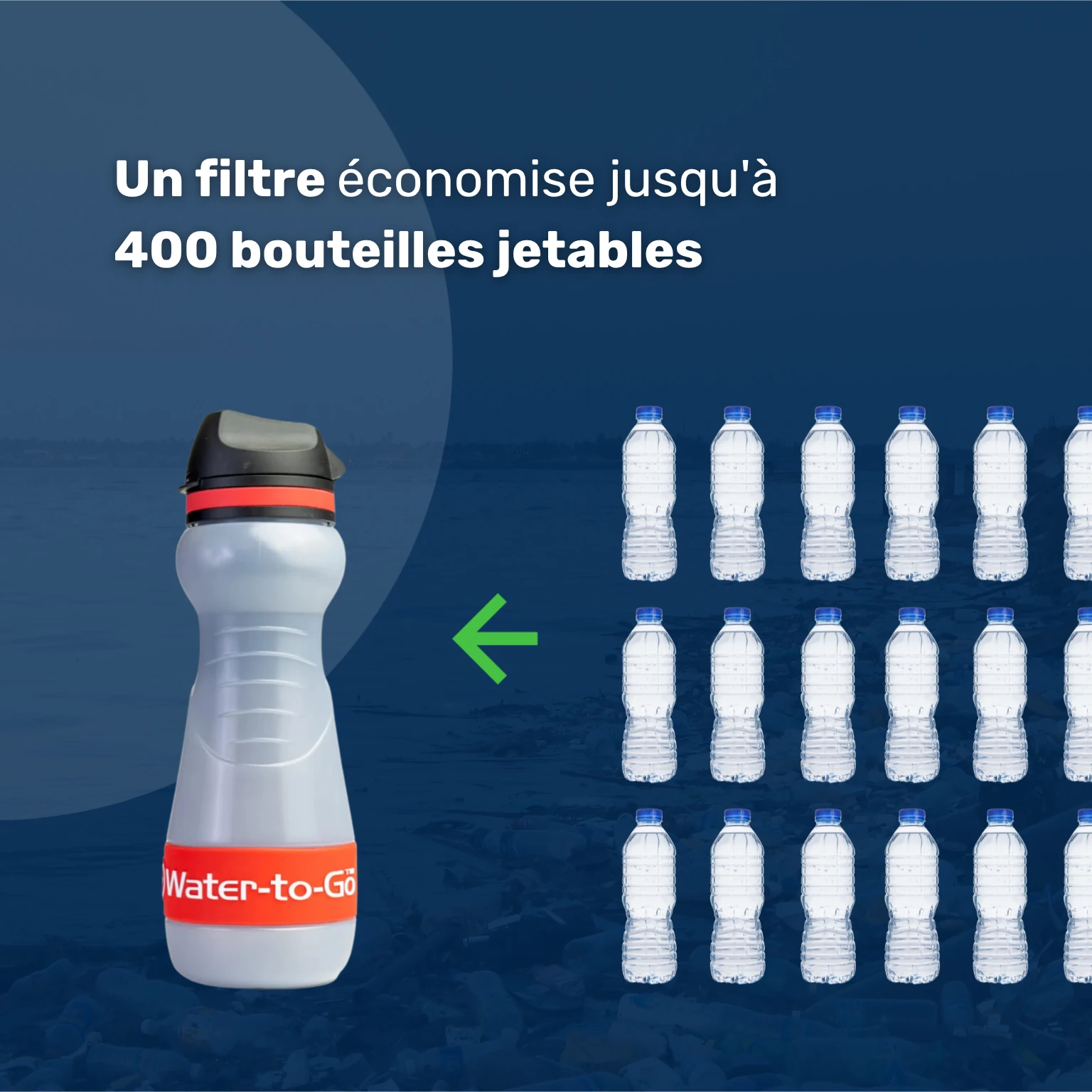 Gourde filtrante – Water-to-Go Eco-Active 55cl à côté d'une pile de bouteilles en plastique, avec le texte « 1 filtre remplace 400 bouteilles d'eau », illustrant que la gourde est un choix durable et écologique.