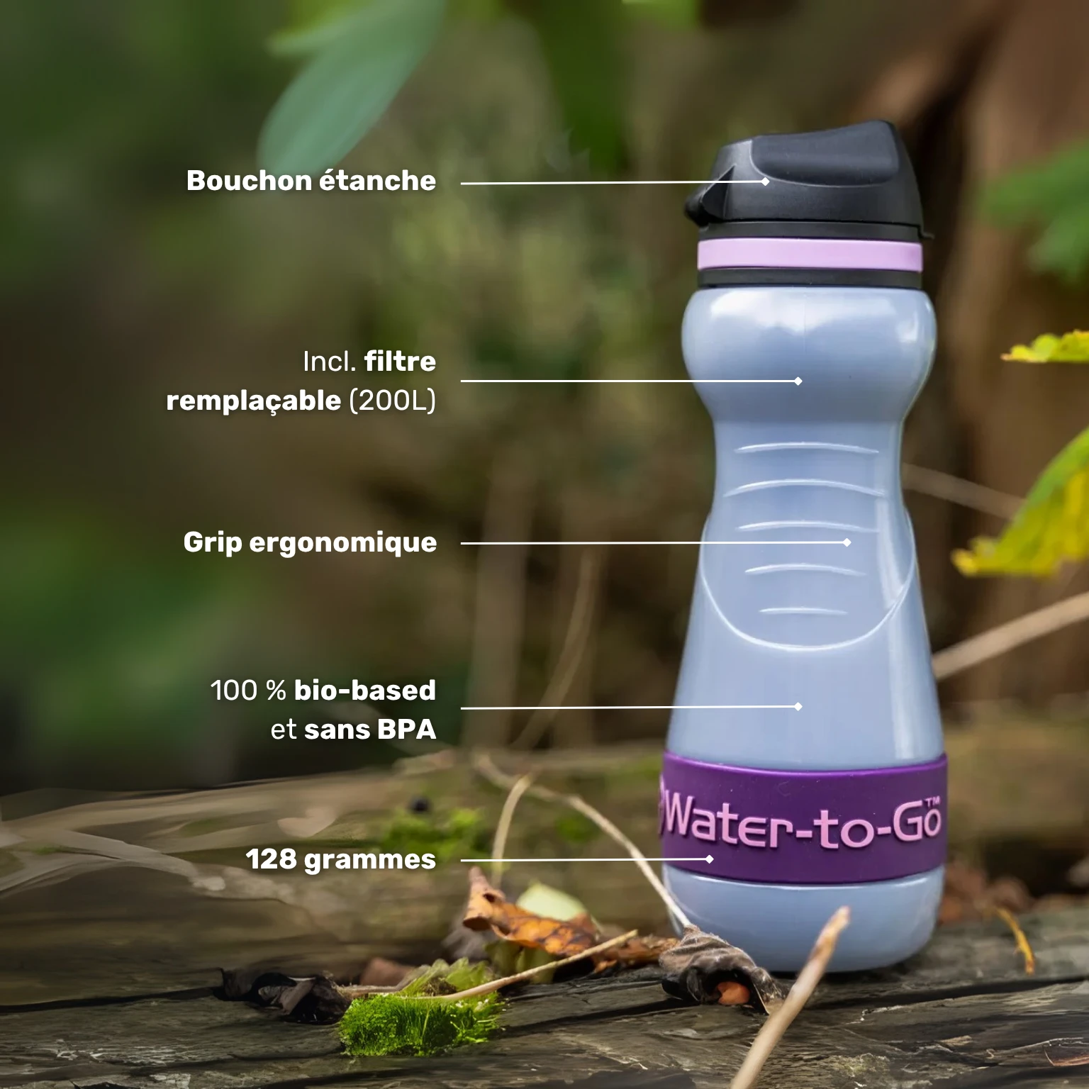 Gourde filtrante – Water-to-Go Eco-Active 55cl avec liste des spécifications produit : bouchon étanche, filtre remplaçable (200L), grip ergonomique, 100 % bio-based & sans BPA, 128 grammes.