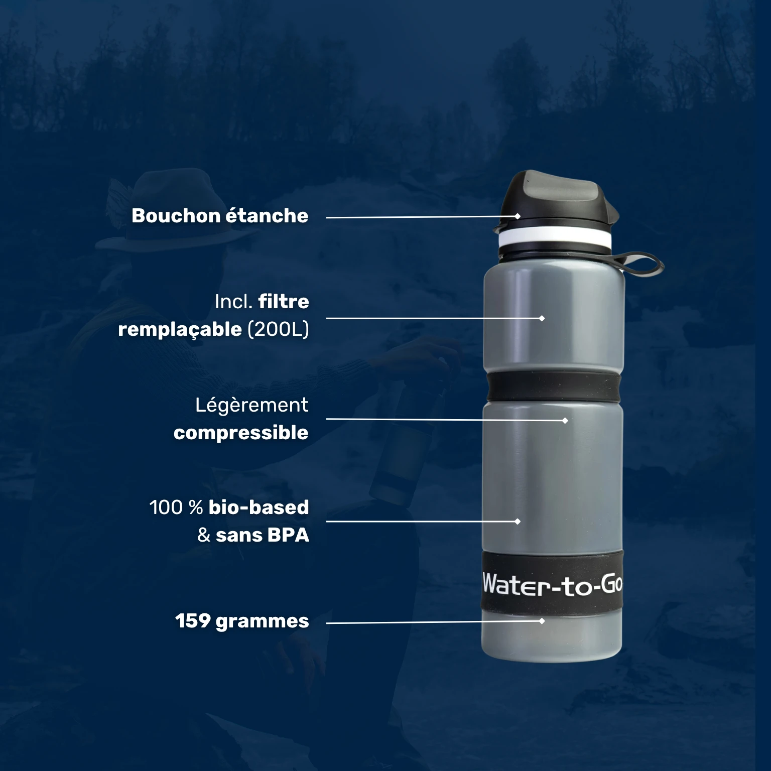 Gourde filtrante de plein air légèrement compressible, sans BPA et bio-based avec filtre remplaçable de 200 litres