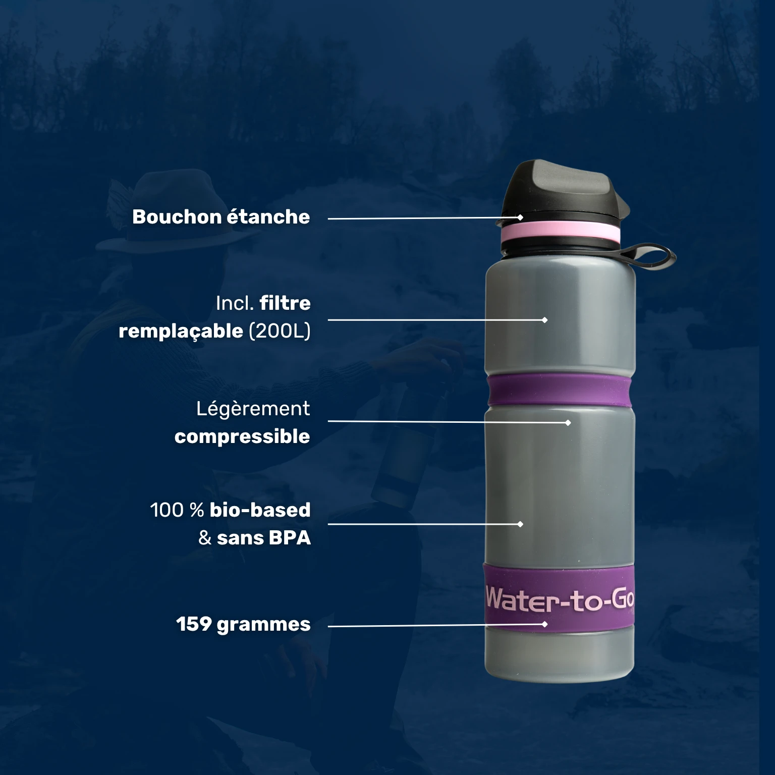 Gourde filtrante de plein air légèrement compressible, sans BPA et bio-based avec filtre remplaçable de 200 litres