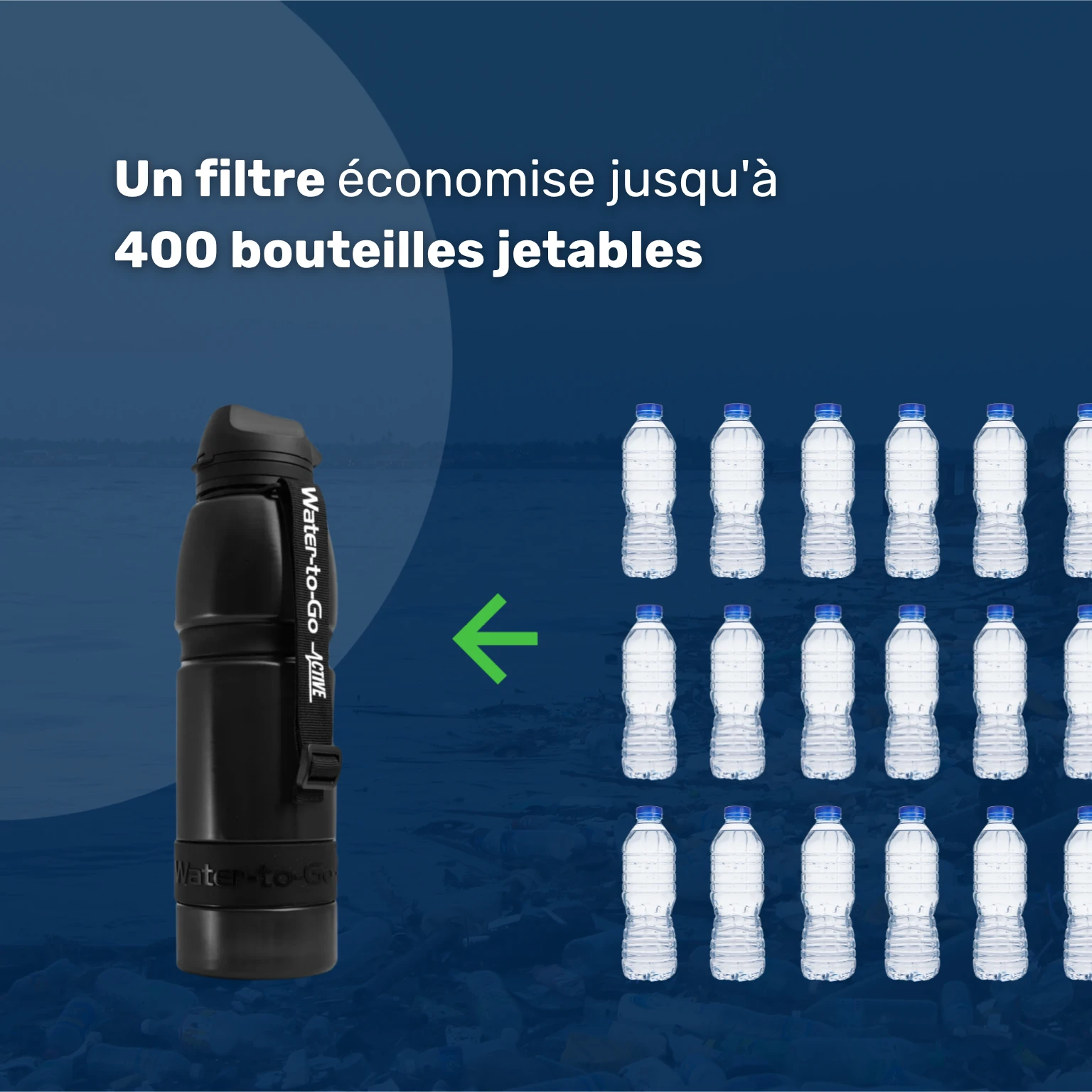 Gourde filtrante survival Water-to-Go Eco-Active 1 litre – filtre à eau survival durable remplaçant jusqu'à 400 bouteilles en plastique