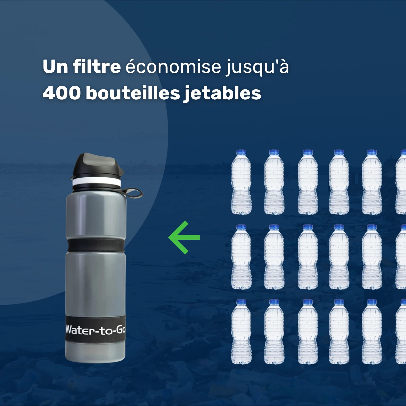 La gourde filtrante outdoor Water-to-Go Eco-Active 75cl remplace jusqu'à 400 bouteilles en plastique jetables