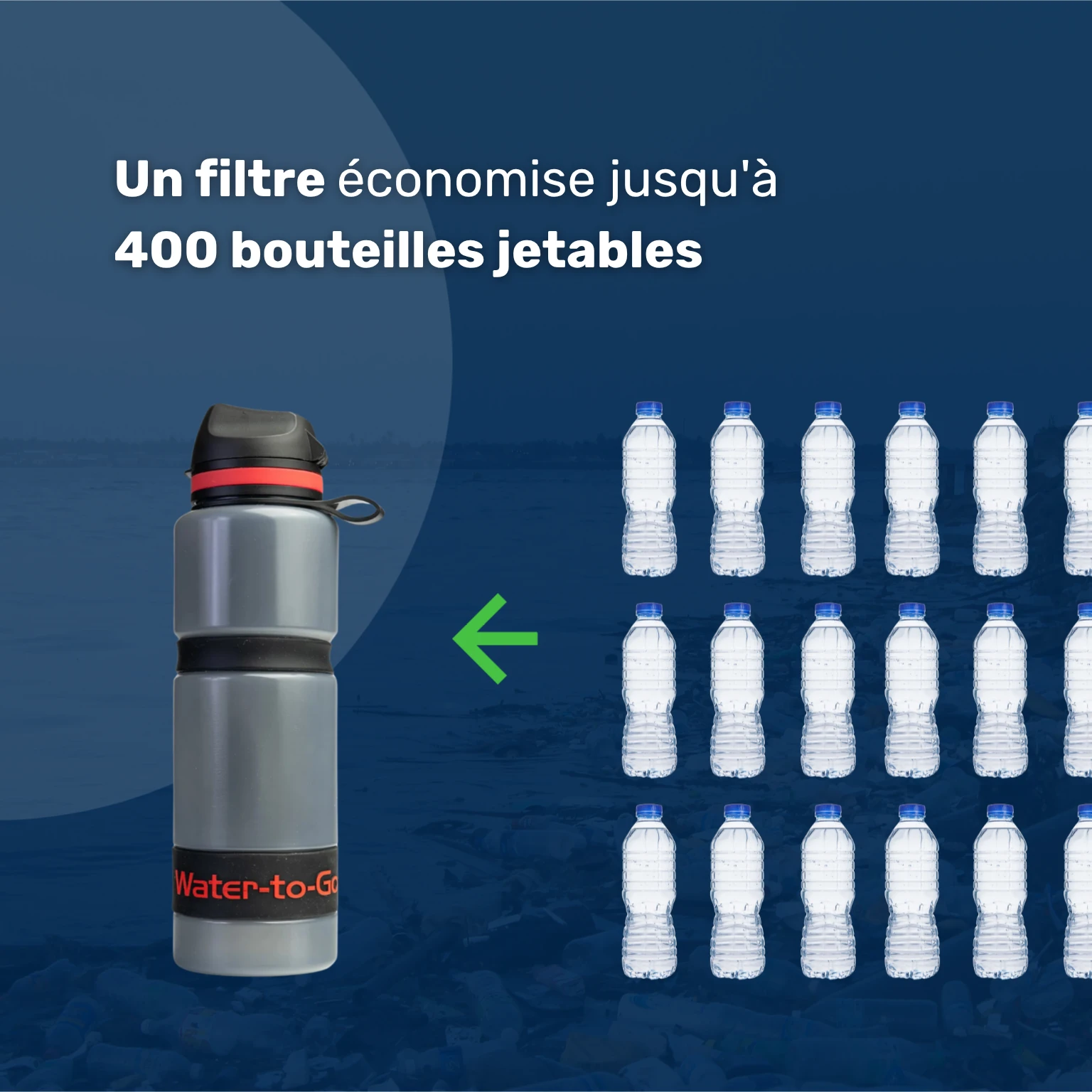 La gourde filtrante outdoor Water-to-Go Eco-Active 75cl remplace jusqu'à 400 bouteilles en plastique jetables
