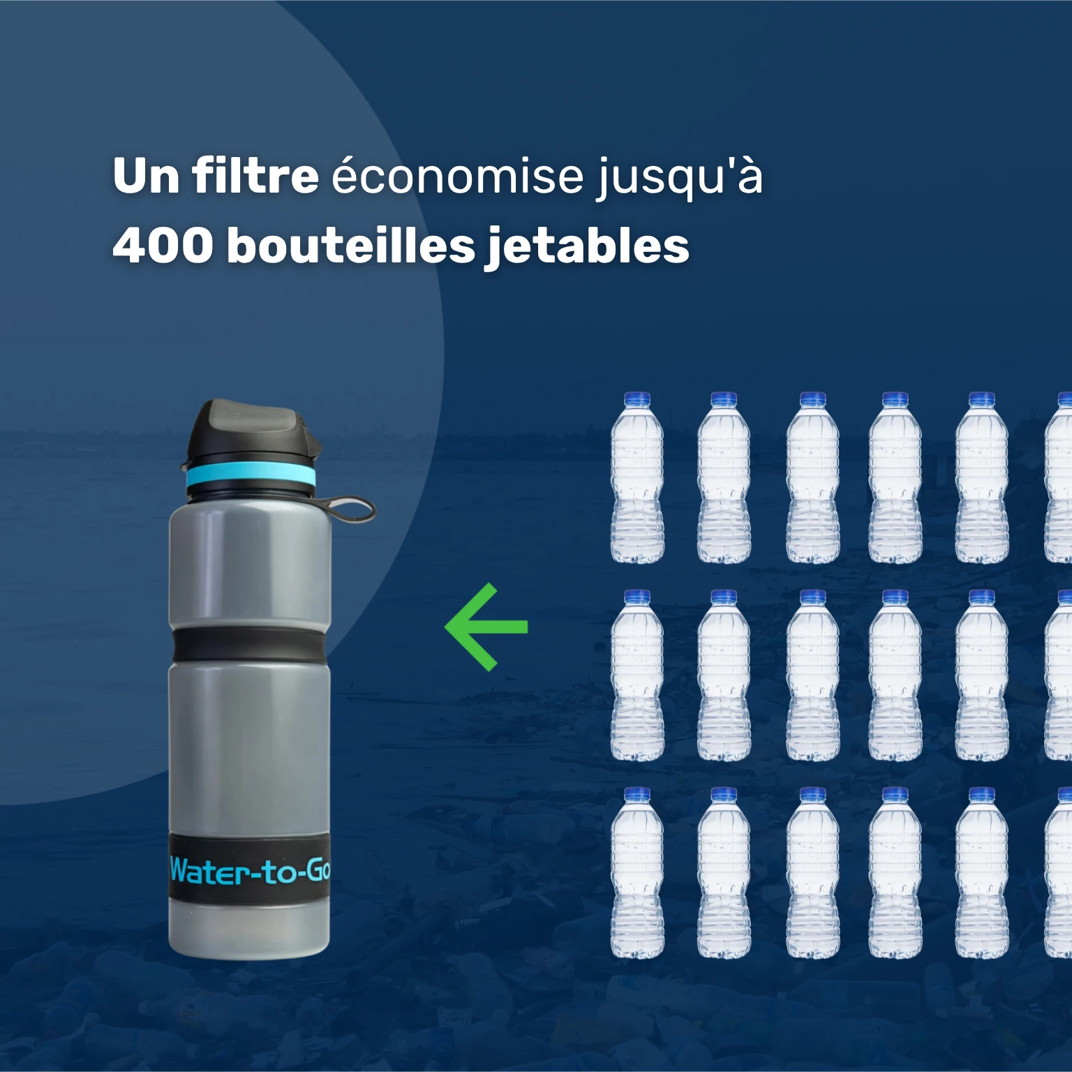 La gourde filtrante outdoor Water-to-Go Eco-Active 75cl remplace jusqu'à 400 bouteilles en plastique jetables