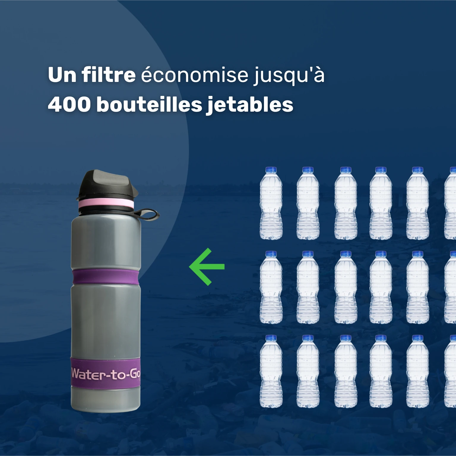 La gourde filtrante outdoor Water-to-Go Eco-Active 75cl remplace jusqu'à 400 bouteilles en plastique jetables