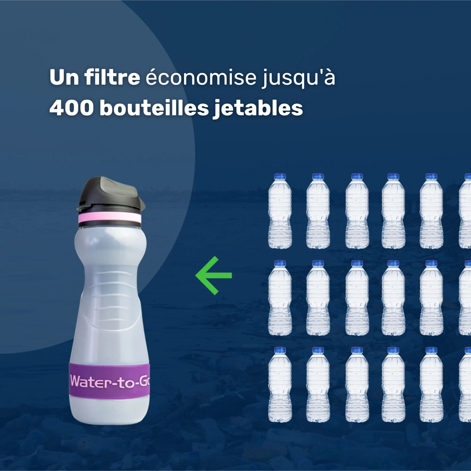 Gourde filtrante – Water-to-Go Eco-Active 55cl à côté d'une pile de bouteilles en plastique, avec le texte « 1 filtre remplace 400 bouteilles d'eau », illustrant que la gourde est un choix durable et écologique.
