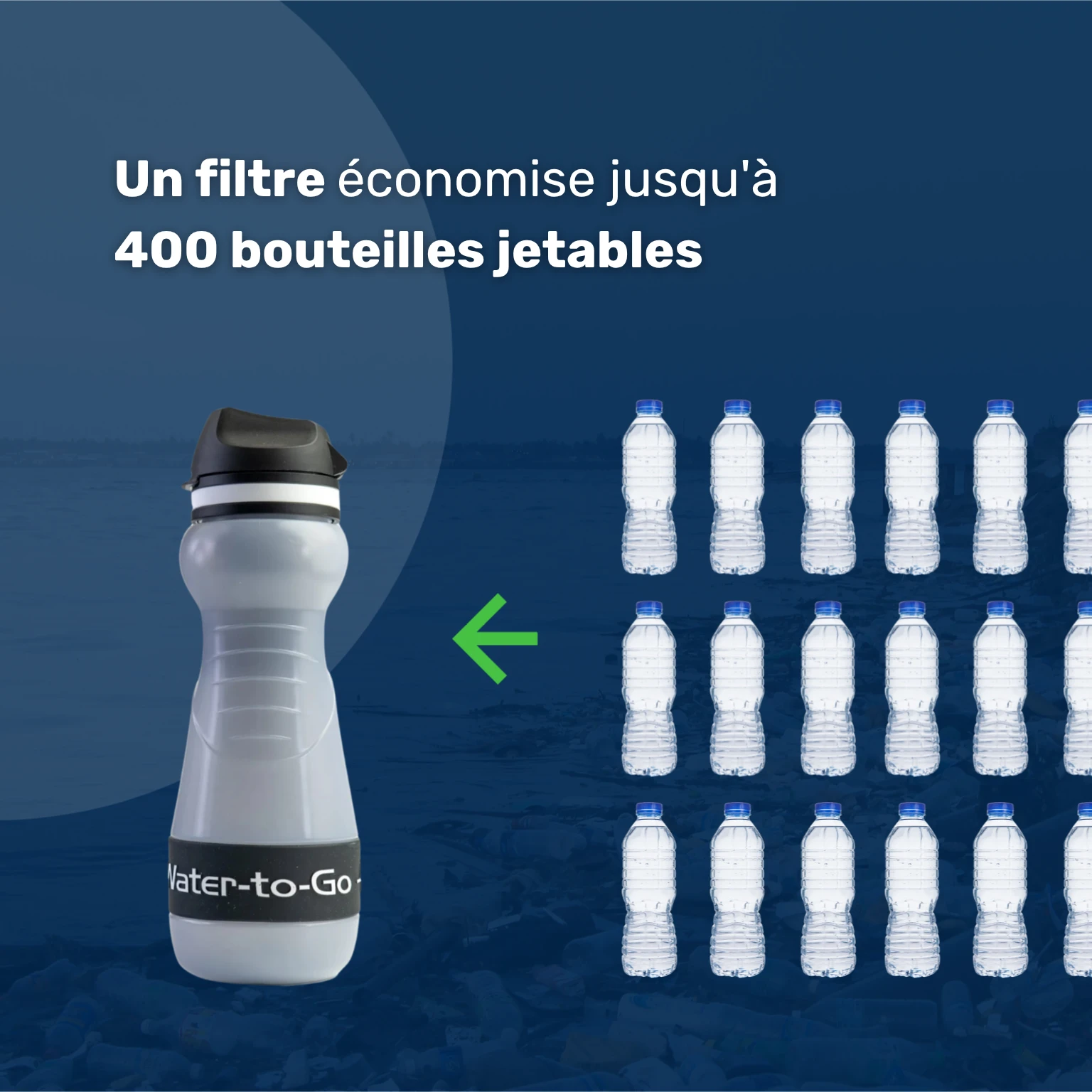 Gourde filtrante – Water-to-Go Eco-Active 55cl à côté d'une pile de bouteilles en plastique, avec le texte « 1 filtre remplace 400 bouteilles d'eau », illustrant que la gourde est un choix durable et écologique.