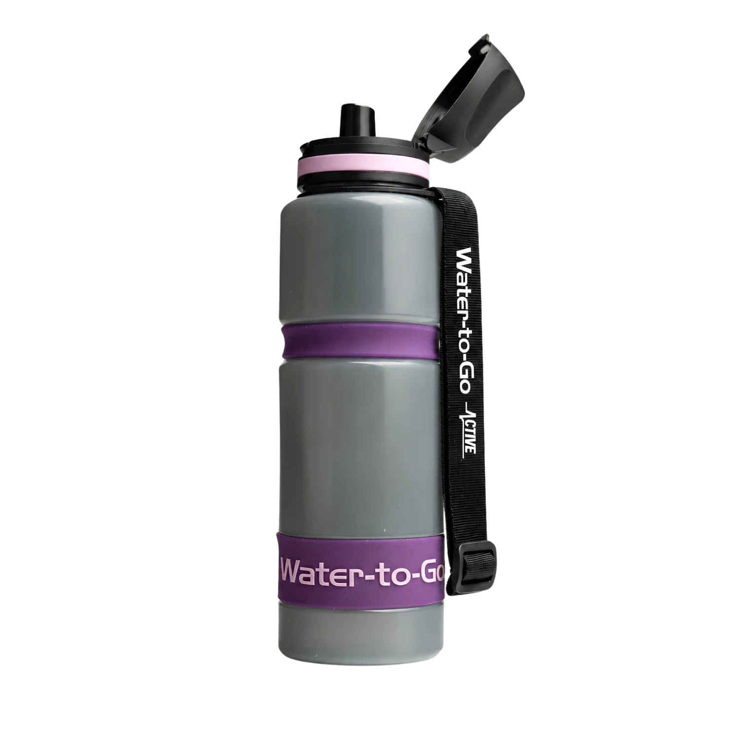 Waterfles met filter van Water-to-Go voor reizen, outdoor, en noodsituaties in de kleur acai met open dop