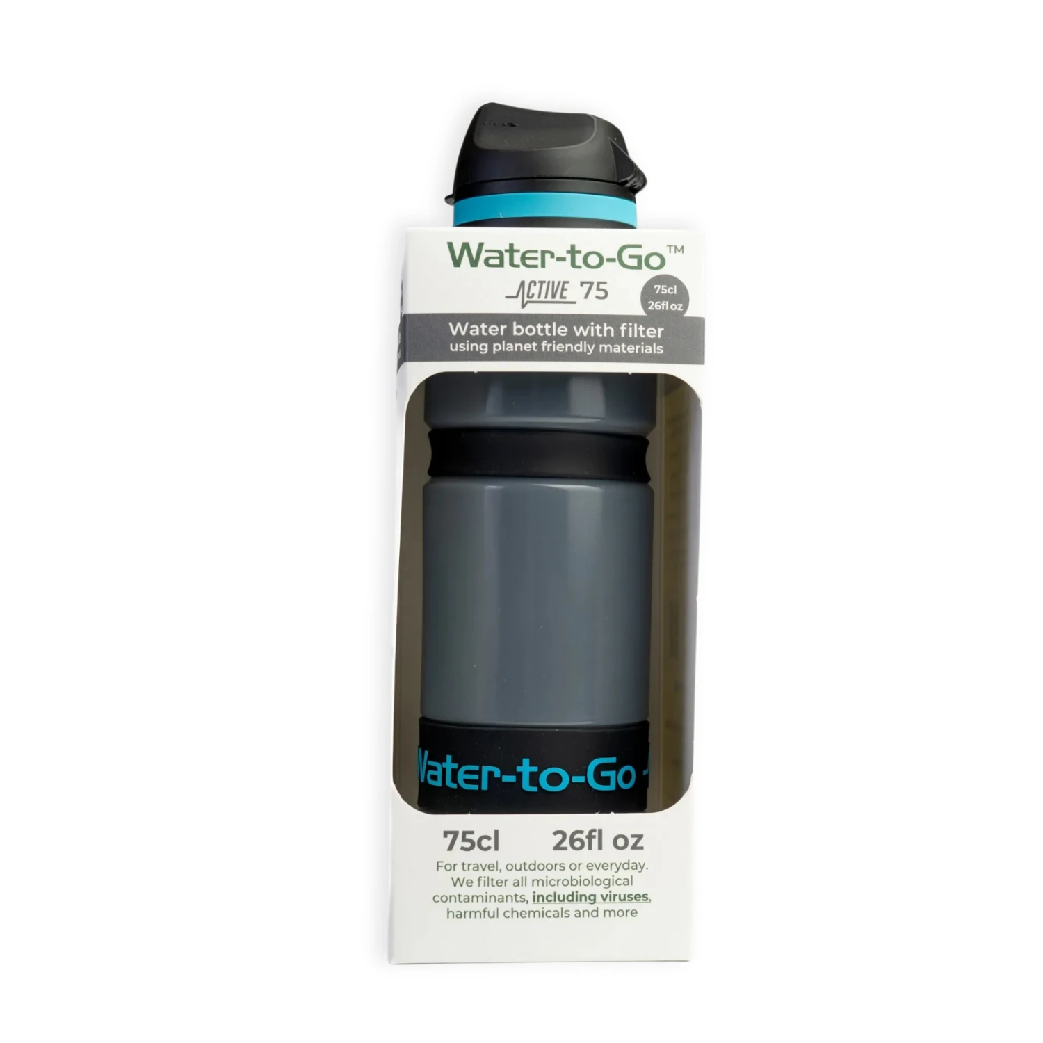 Waterfles met filter van Water-to-Go voor reizen, outdoor, en noodsituaties in de kleur blauw in duurzame verpakking