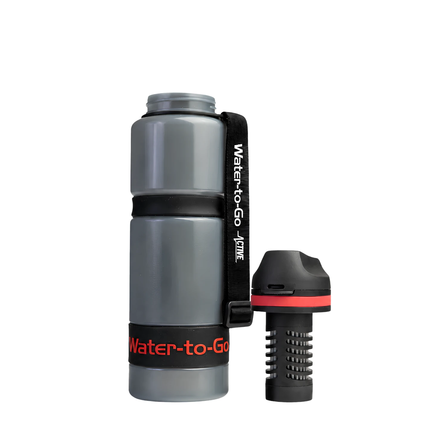 Waterfles met filter van Water-to-Go voor reizen, outdoor, en noodsituaties in de kleur rood met waterfilter naast de fles