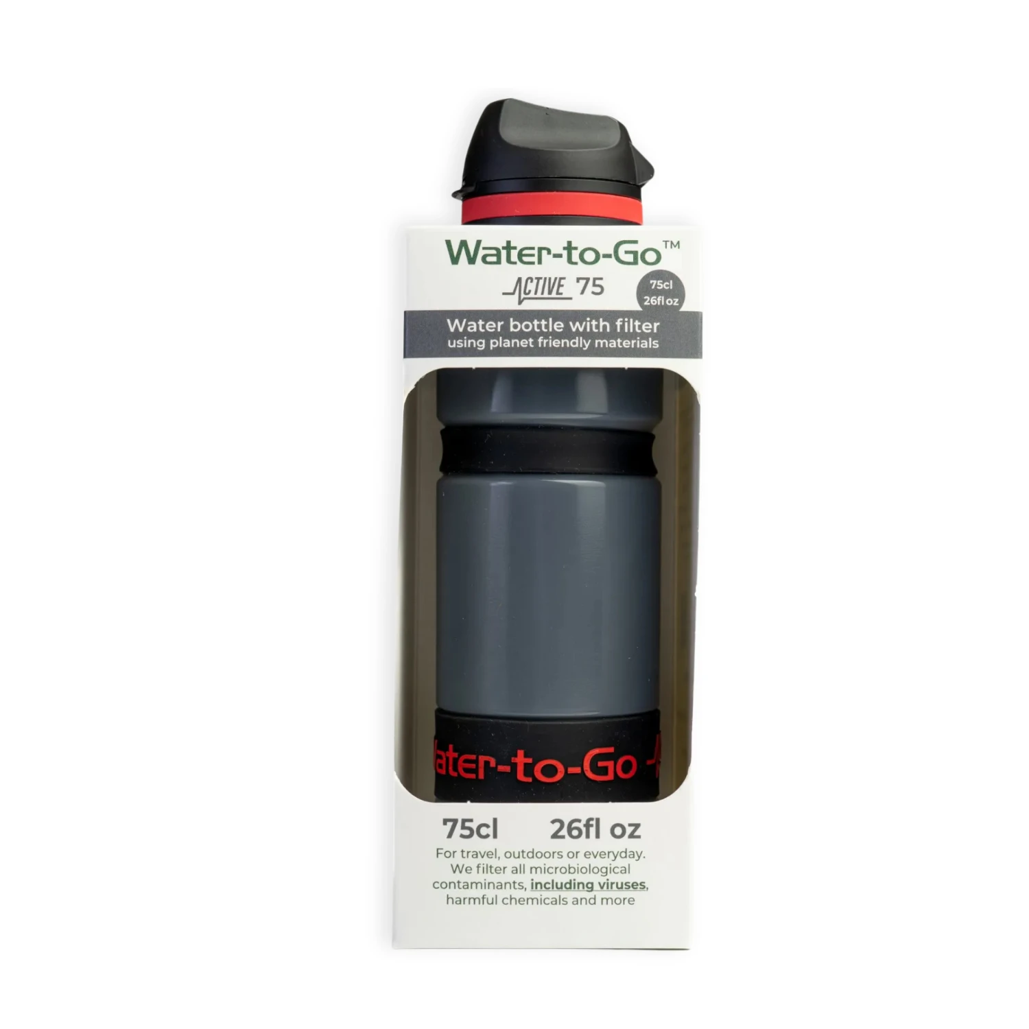 Waterfles met filter van Water-to-Go voor reizen, outdoor, en noodsituaties in de kleur rood in duurzame verpakking