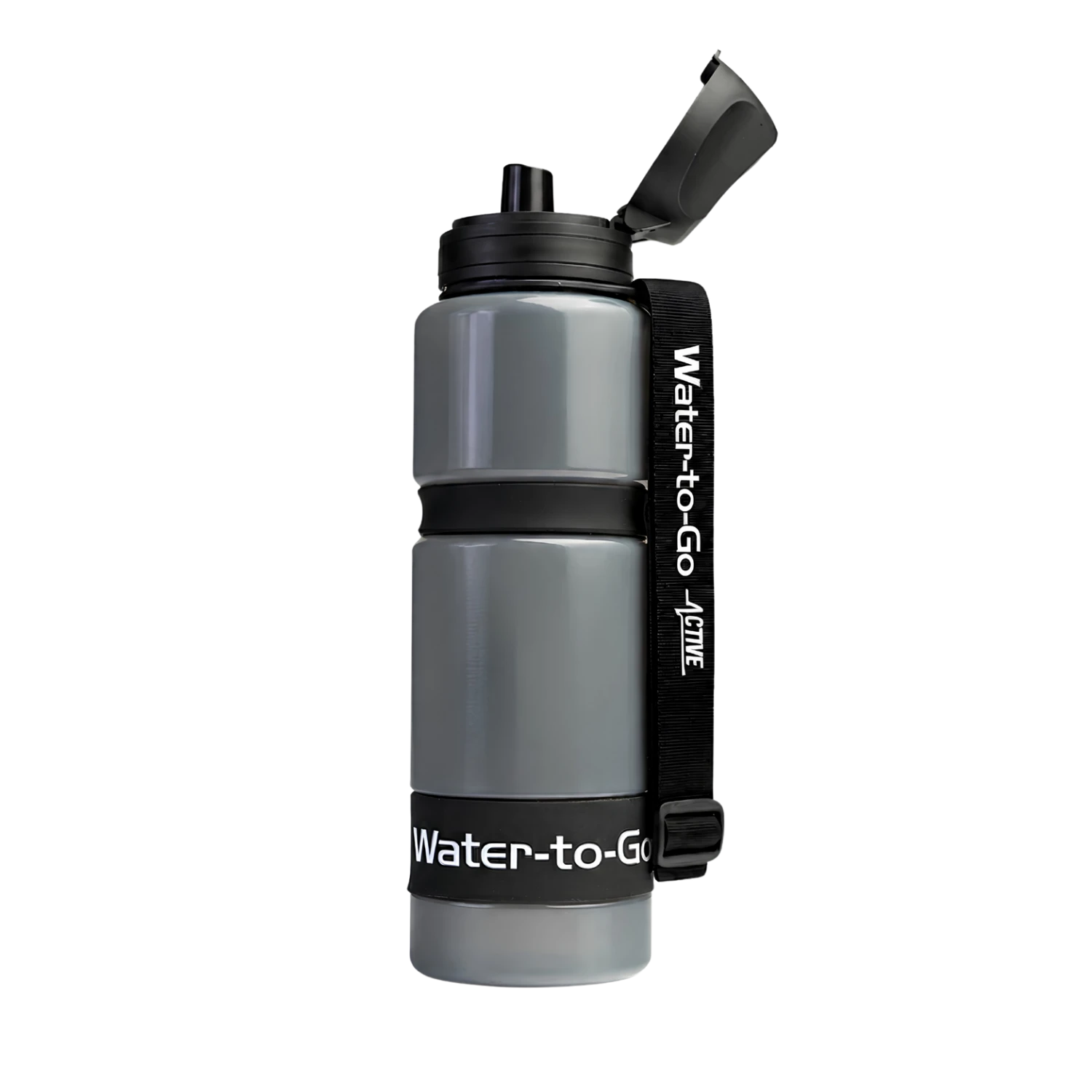 Waterfles met filter van Water-to-Go voor reizen, outdoor, en noodsituaties in de kleur zwart met open dop