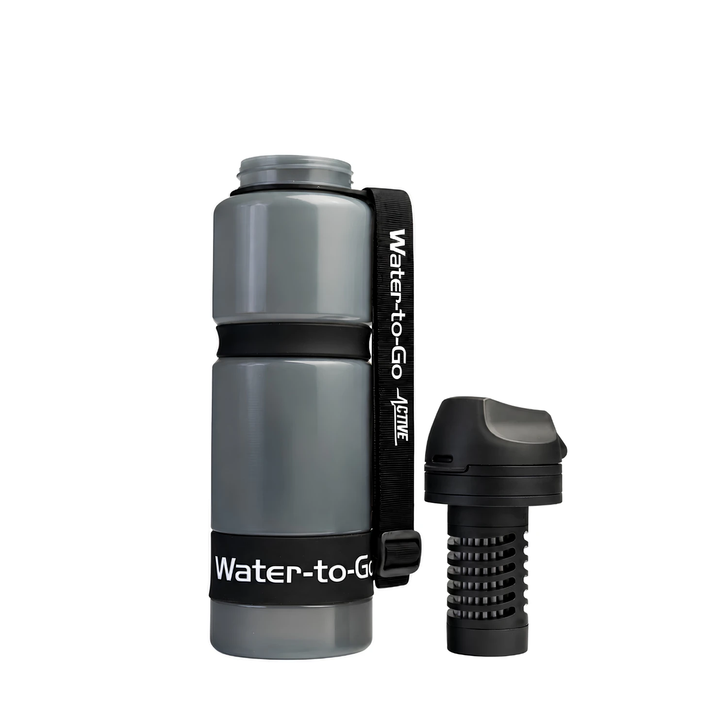 Waterfles met filter van Water-to-Go voor reizen, outdoor, en noodsituaties in de kleur zwart met waterfilter naast de fles